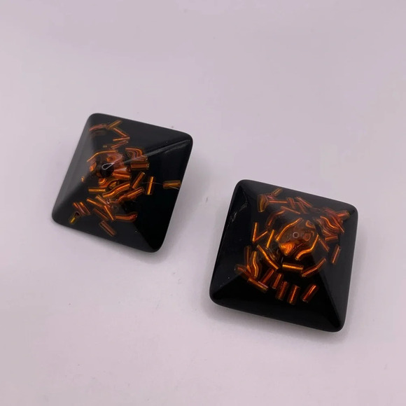 Amazing Mid Century Black & Orange Glitter Lucite Clip-on Earrings - Picture 1 of 5